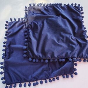 Blue velvet set of 2 throw pillow pillowcases with pom-poms hidden zipper